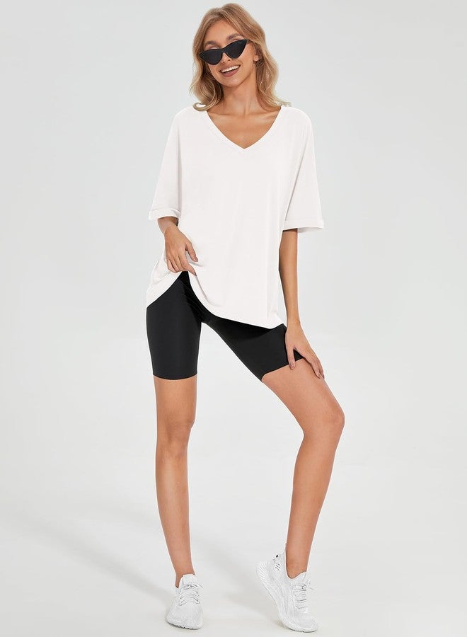 UEU Womens Summer Tops V Neck Short Sleeve Loose Fitting Gym Yoga Shirts Medium Milky White - Image 5